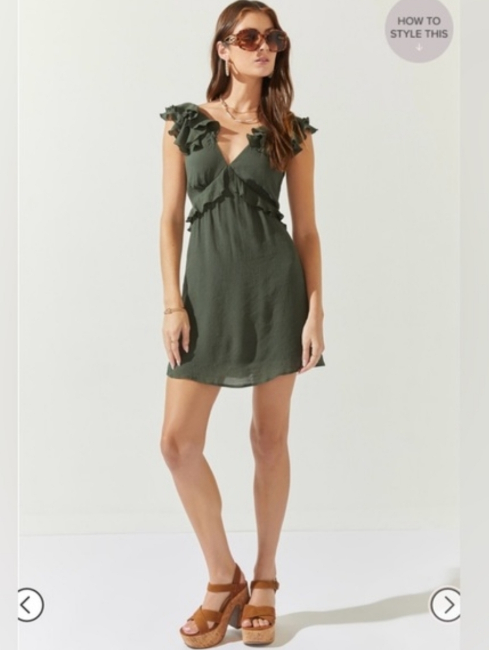 Francescas Miami Olive Green Ruffle Open Back V-Neck Mini Dress